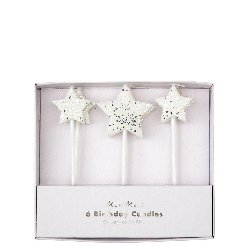 Glitter Star Candles, silver (set of 6)