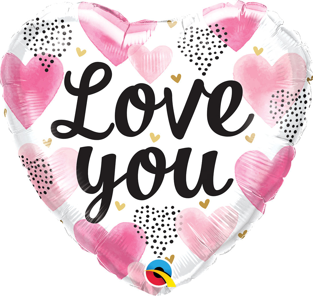 Love You Pink Watercolour Hearts Balloon, 18"