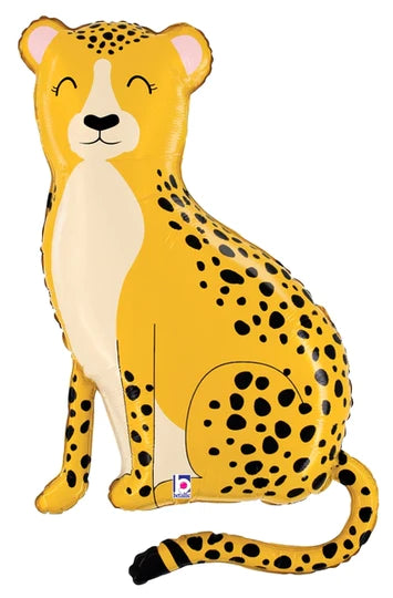 jumbo cheetah in mustard colour with black spots  foil balloon sitting 