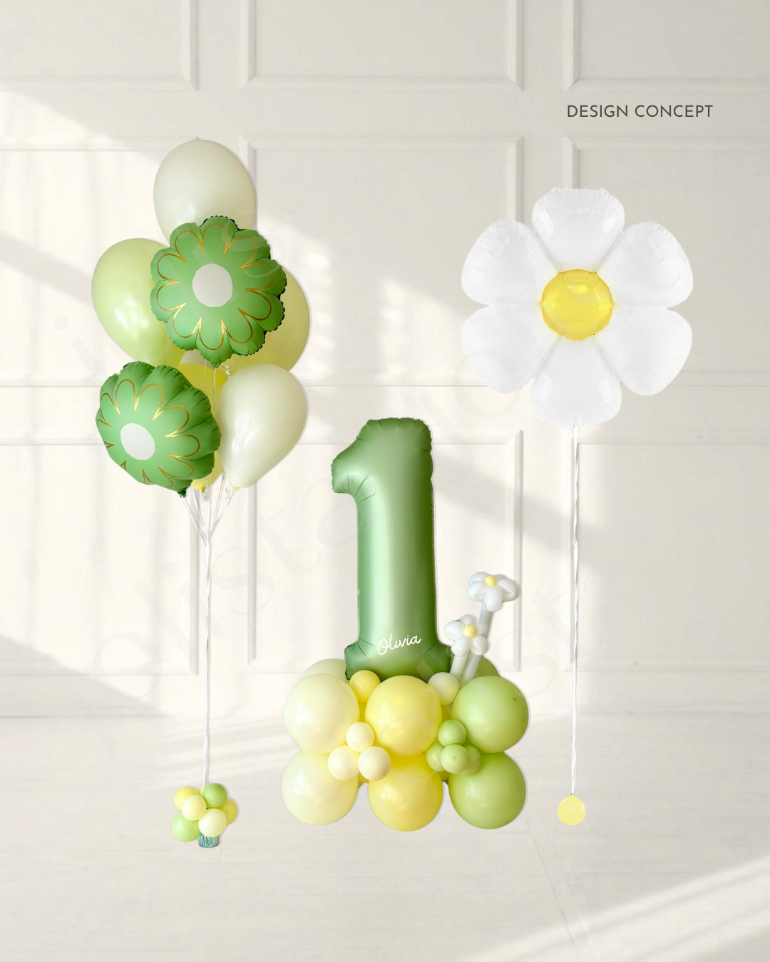 Yellow and green helium bouquet with green daisy balloons, a jumbo daisy balloon, and a green number column