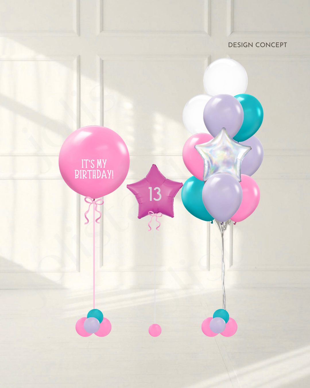 Jumbo balloon with custom text, star balloon with age decal, helium bouquet with iridescent star and bubble balloons