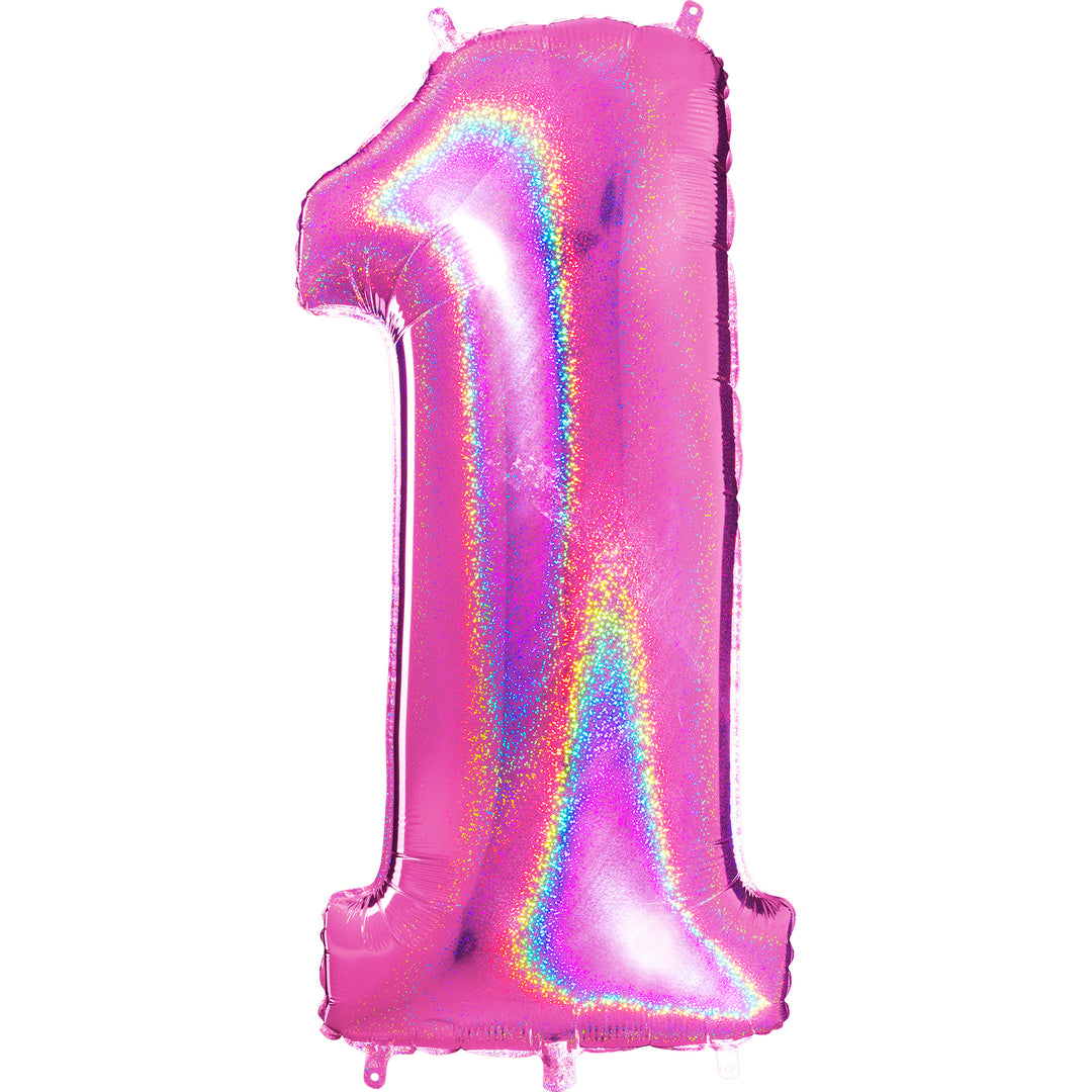 Jumbo Foil Number Balloon (0-9), holographic fuchsia glitter