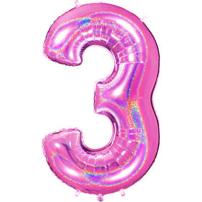 Jumbo Foil Number Balloon (0-9), holographic fuchsia glitter