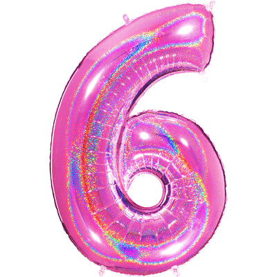 Jumbo Foil Number Balloon (0-9), holographic fuchsia glitter