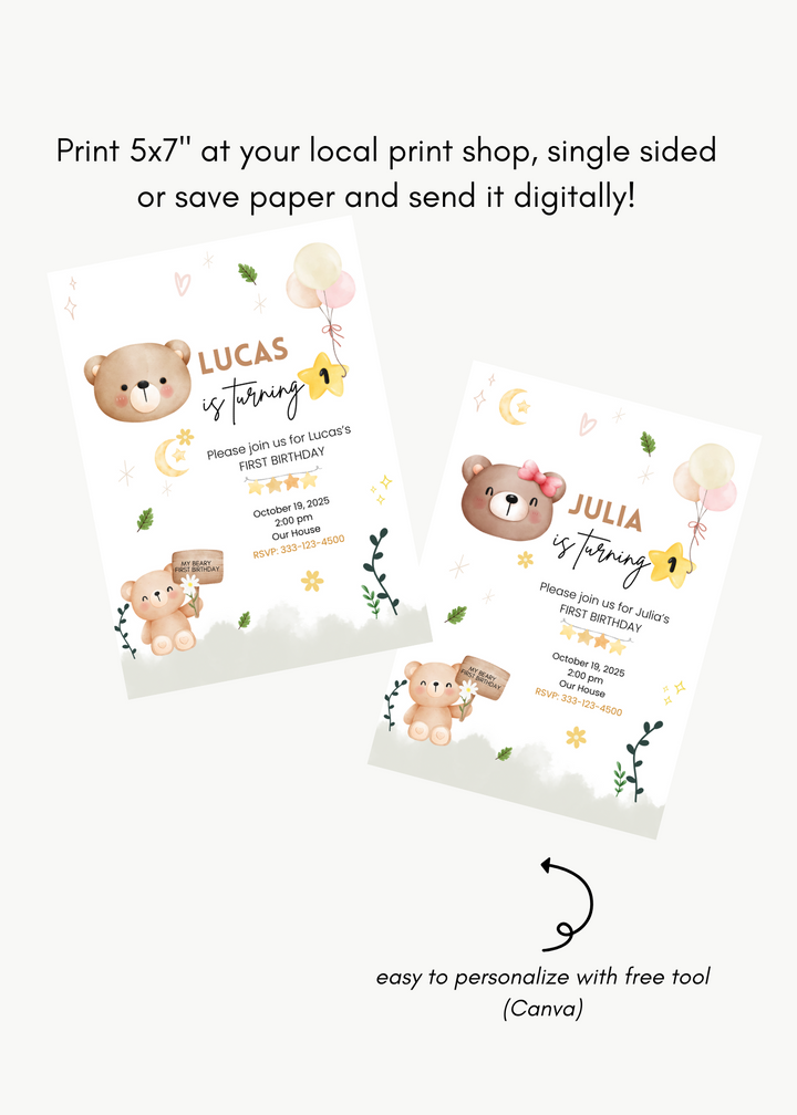 Beary First Party Invitation 5 x 7" - Digital download