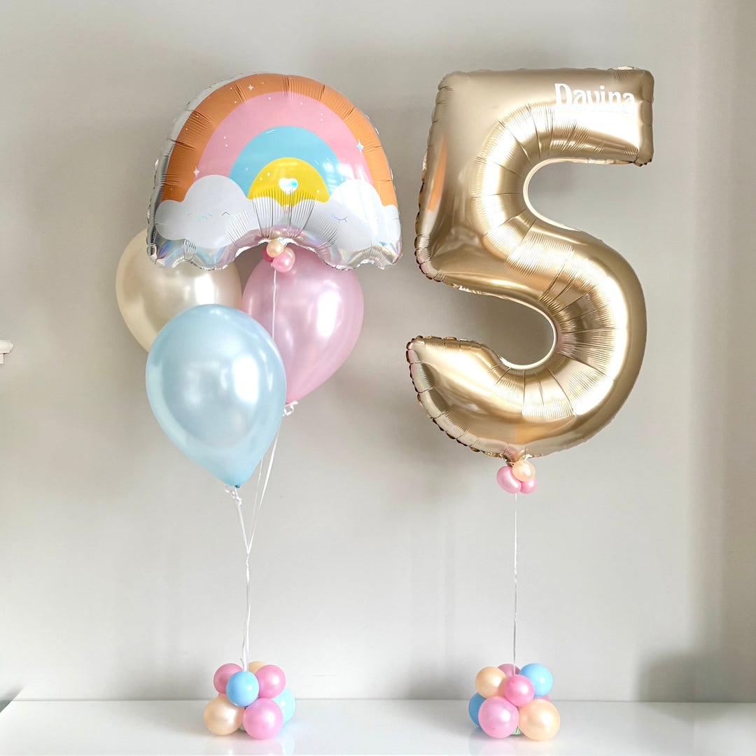 Gold number 5 balloon and rainbow-foil balloons with 3 pastel balloon bundle