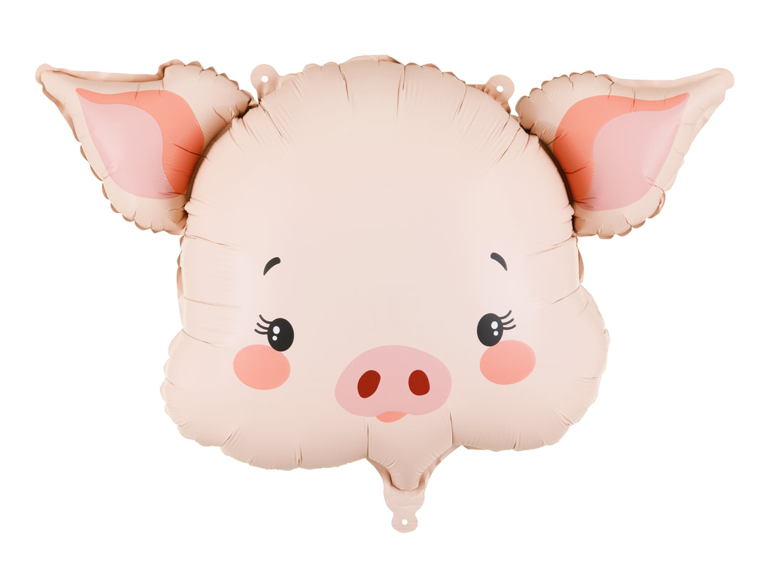 Pig-shaped balloon with a cute face design on a white background