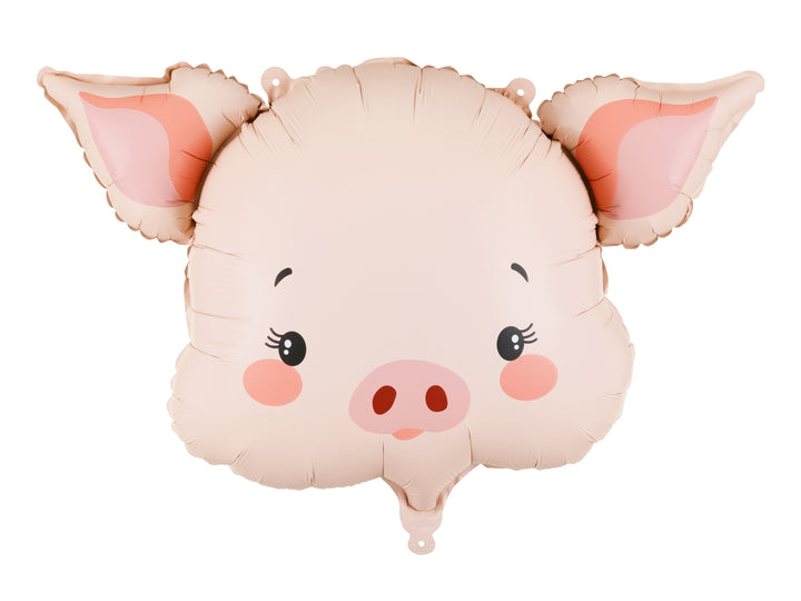 Pig-shaped balloon with a cute face design on a white background