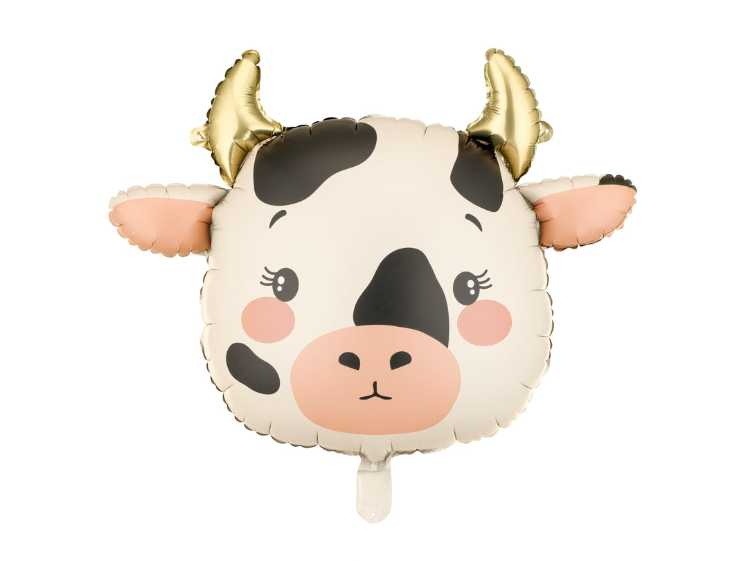 Cow-shaped face balloon with gold horns on a white background