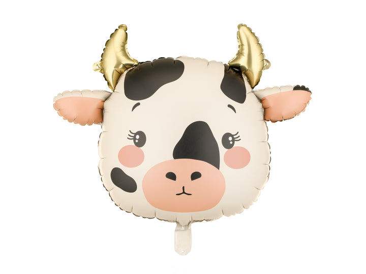 Cow-shaped face balloon with gold horns on a white background