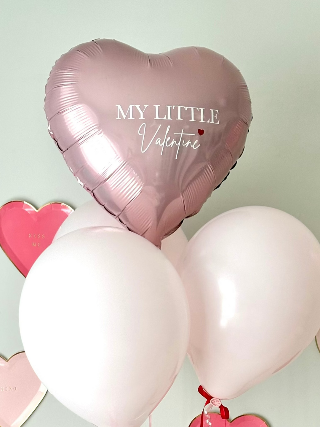 Heart-shaped pink foil balloon with 'My Little Valentine' text and three pale pink latex balloon bundle