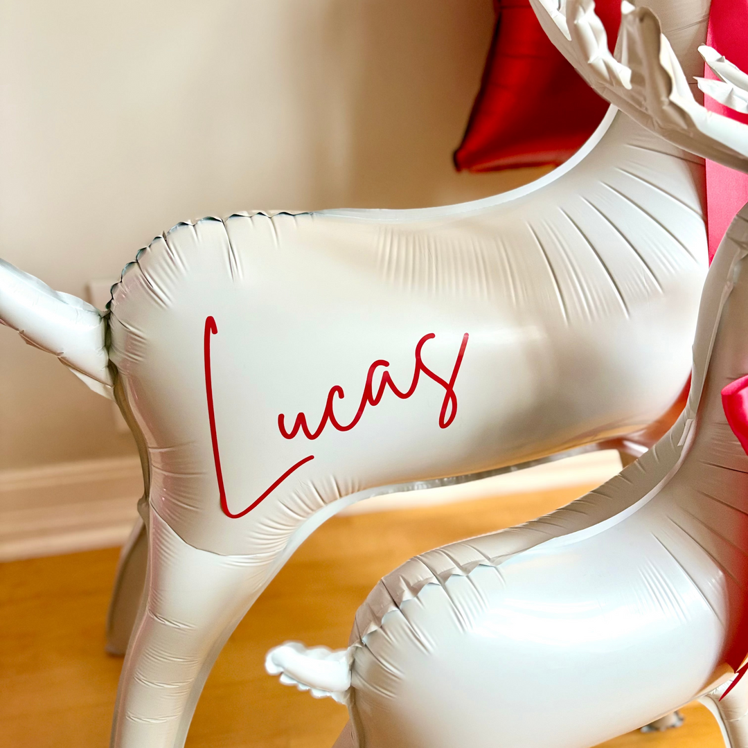 Inflatable reindeer balloon with persoalized name written on it, placed indoors.