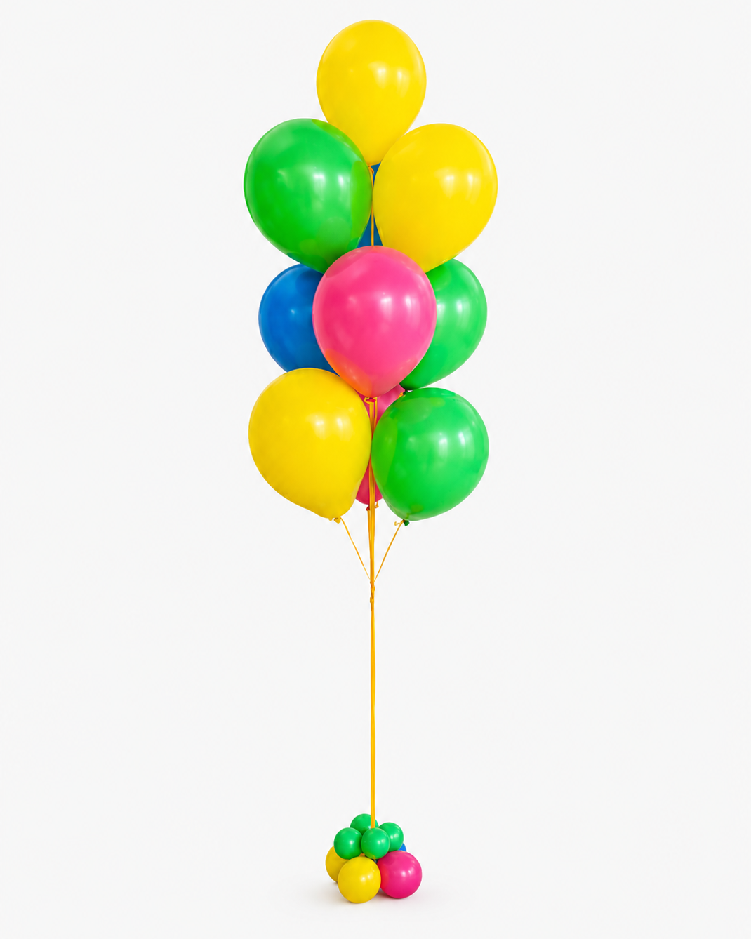 colourful helium balloon bouquet with 10 latex balloons and mini balloon weight on white background