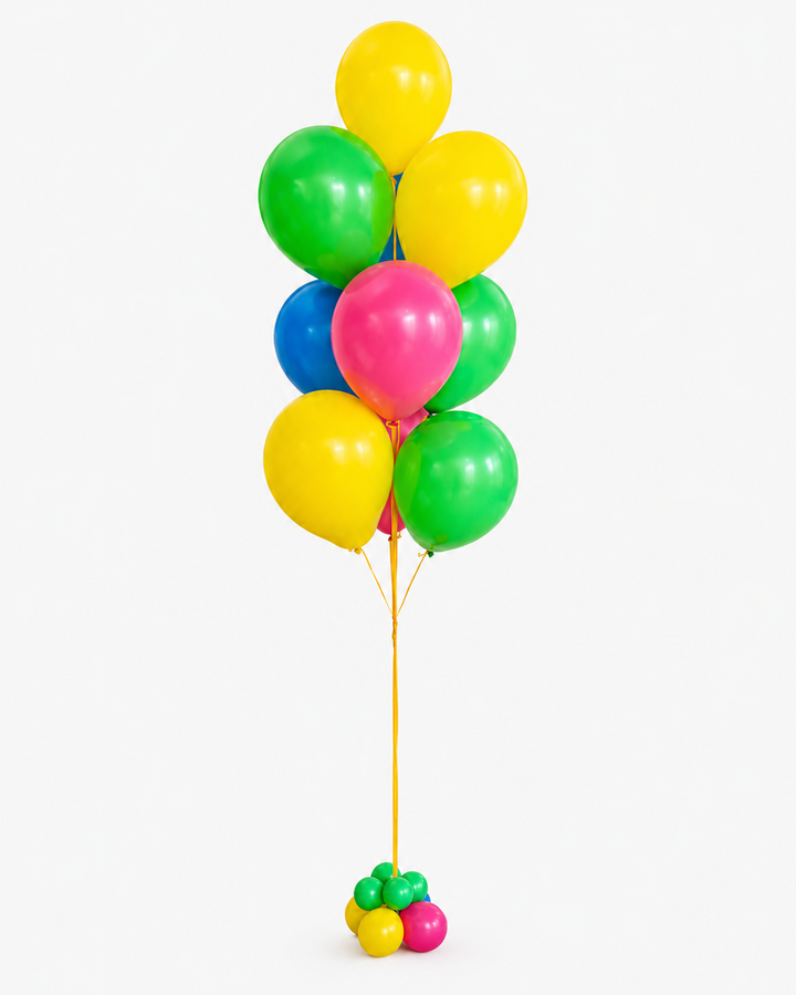 colourful helium balloon bouquet with 10 latex balloons and mini balloon weight on white background