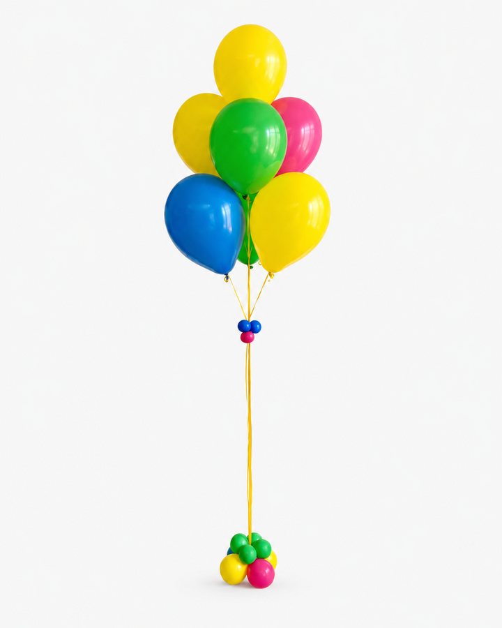 colourful helium balloon bouquet with 7 latex balloons and mini balloon weight on white background
