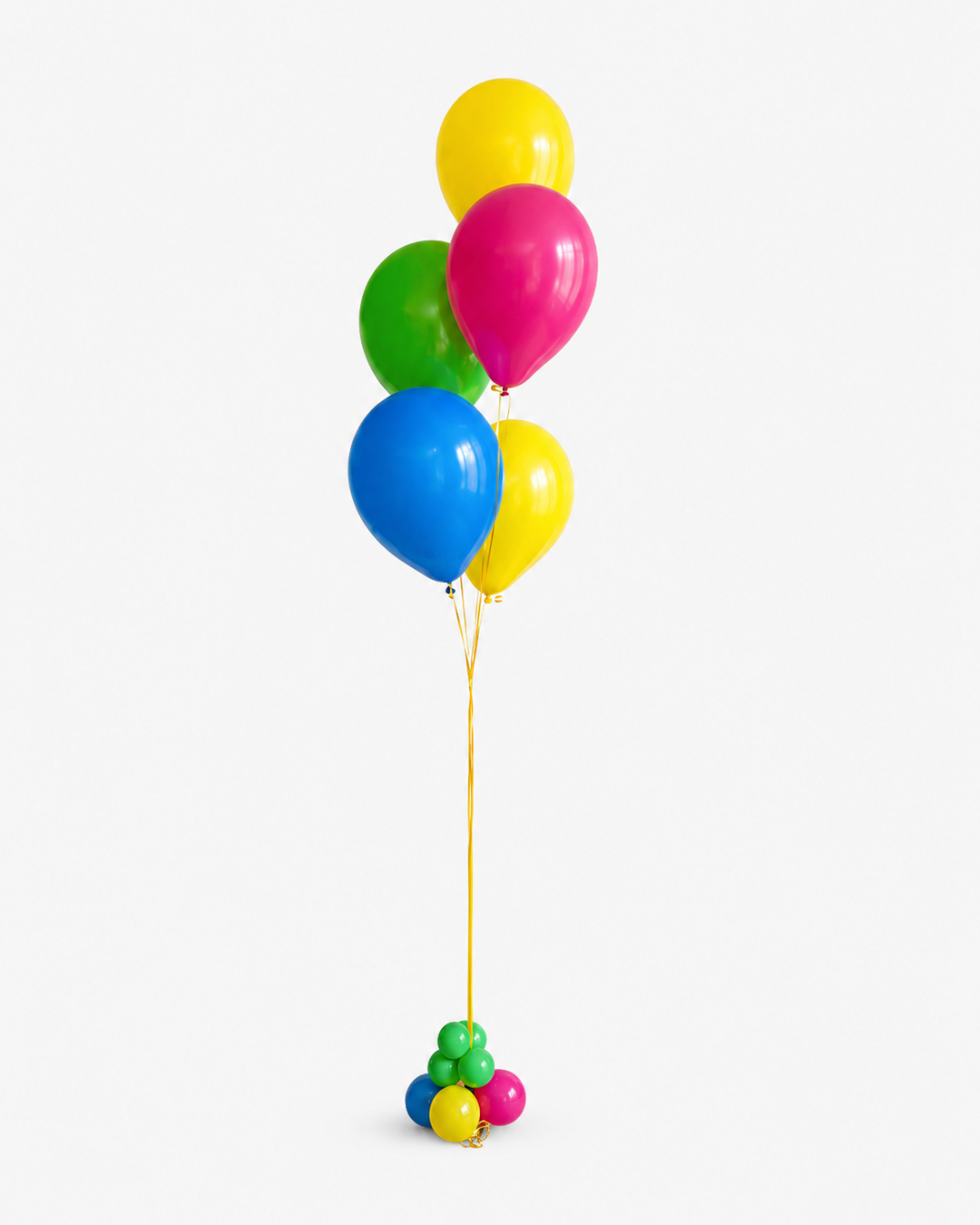 colourful helium balloon bouquet with 5 latex balloons and mini balloon weight on white background