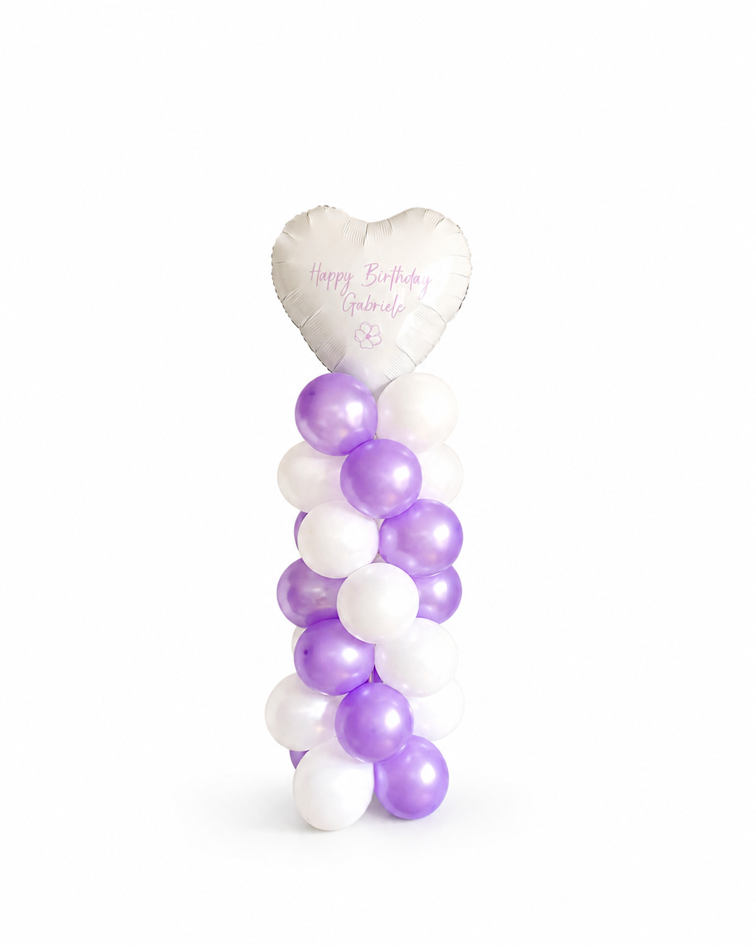balloon column in white and lilac, and white heart balloon topper with custom text