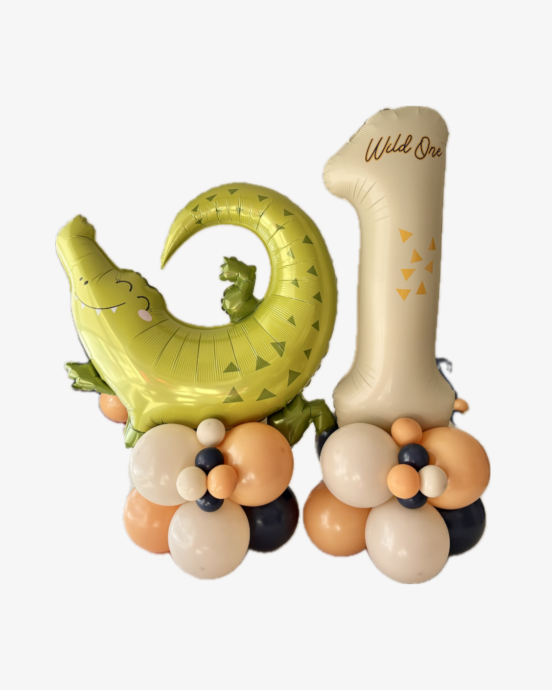set with alligator balloon column and number 1 balloon column with the text "wild one"