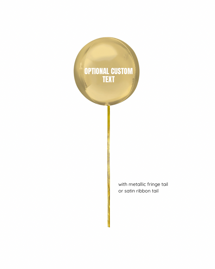 Gold orb balloon with custom text on a white background