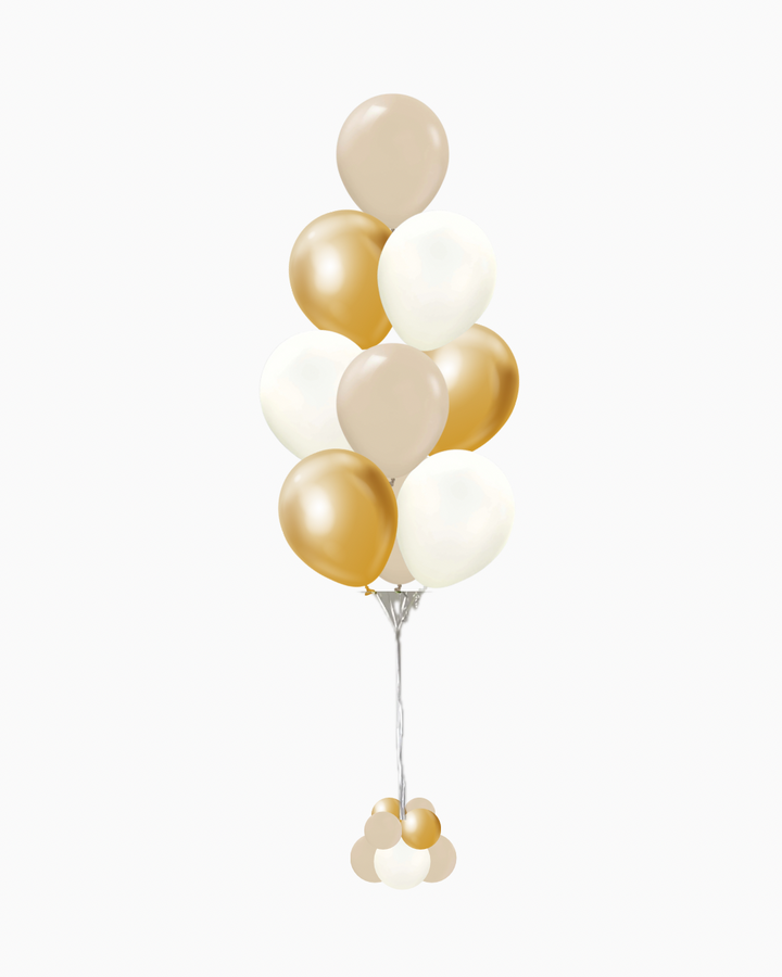 Balloon bouquet with gold and white balloons on a white background