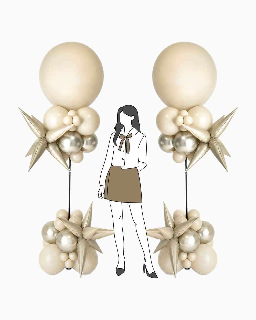 decorative balloon columns with a woman's silhouette in the centre on a white background