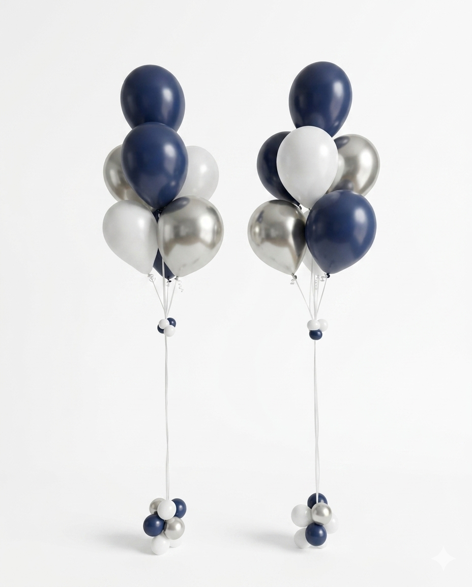 Two helium balloon bouquets  in navy, silver, and white, with mini balloon weights on a white background