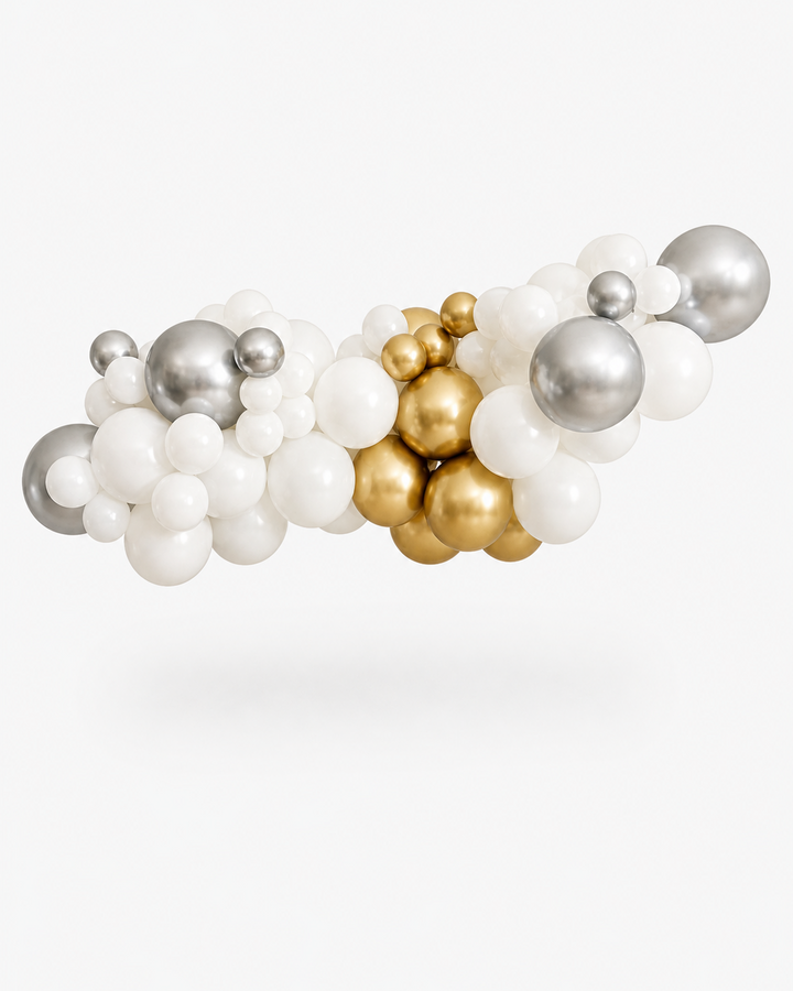 balloon garland with white, gold, and silver balloons on white background
