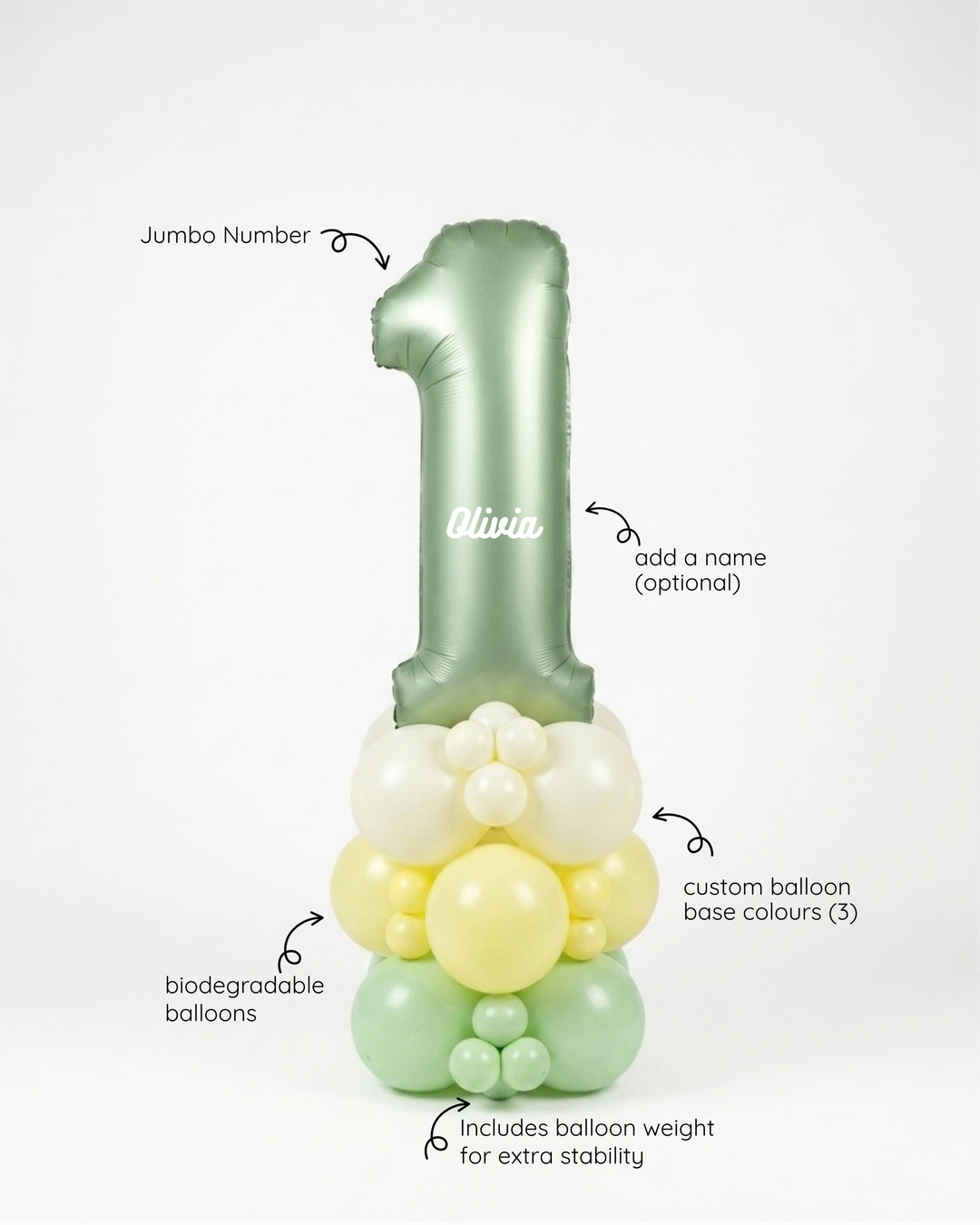 number balloon column with 3-tier base and green number one balloon