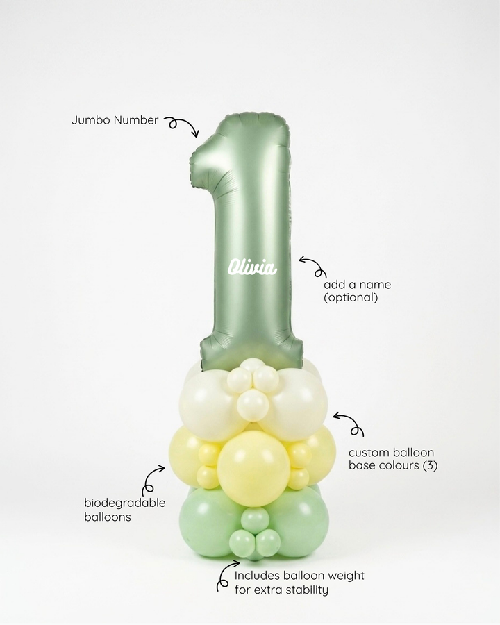 number balloon column with 3-tier base and green number one balloon