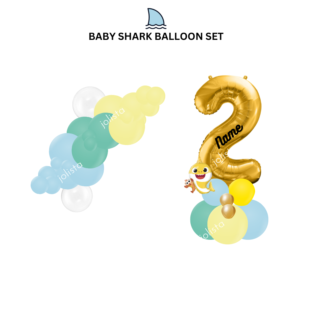 jumbo number balloon column in blue and yellow colours with baby shark mini balloon and personalized with name and a 4 ft balloon garland in blue, yellow and green