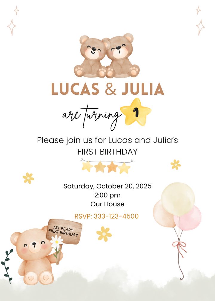 Beary First Party Invitation 5 x 7" - Digital download