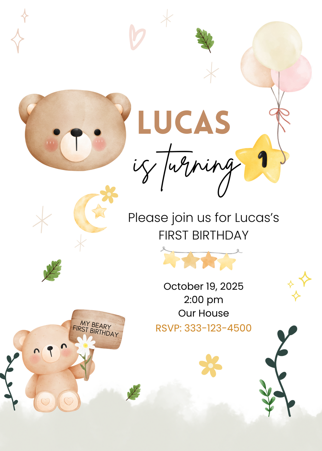 Beary First Party Invitation 5 x 7" - Digital download