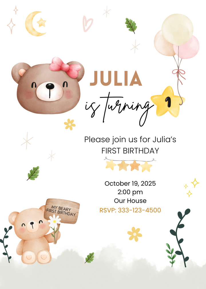 Beary First Party Invitation 5 x 7" - Digital download