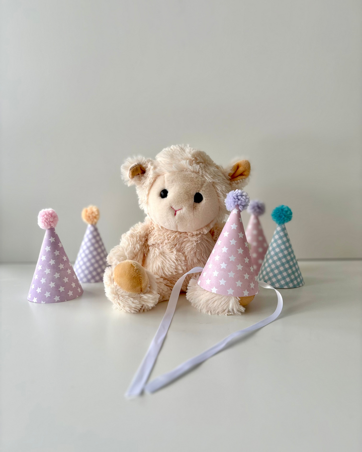 Stuffed animal with colourful party hats around it sitting on a flat surface