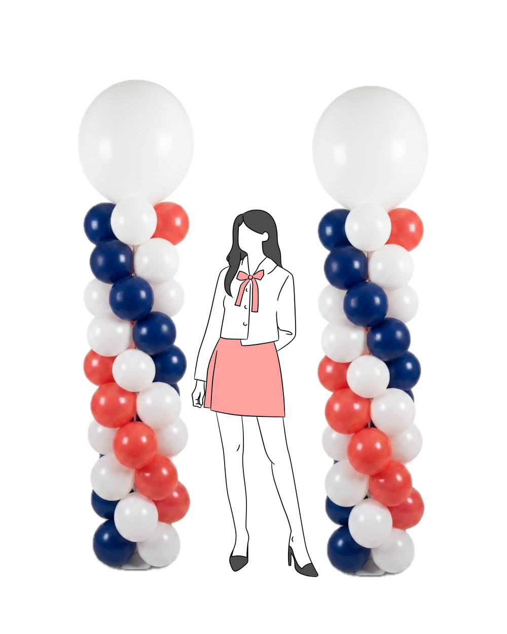 Balloon columns in red, white, and blue with a person illustration in the centre.