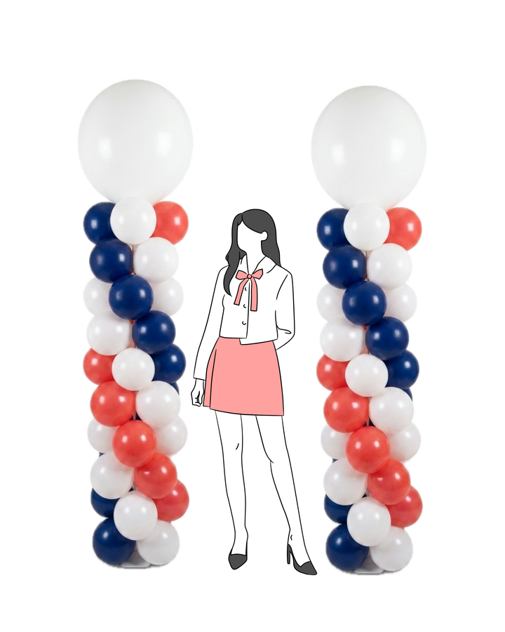Balloon columns in red, white, and blue with a person illustration in the centre.