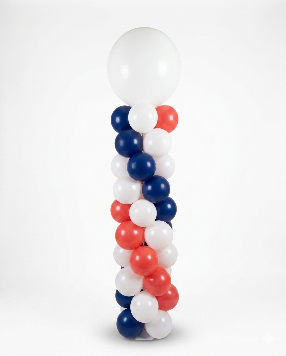 colourful balloon column with white jumbo balloon topper, swirl patterned