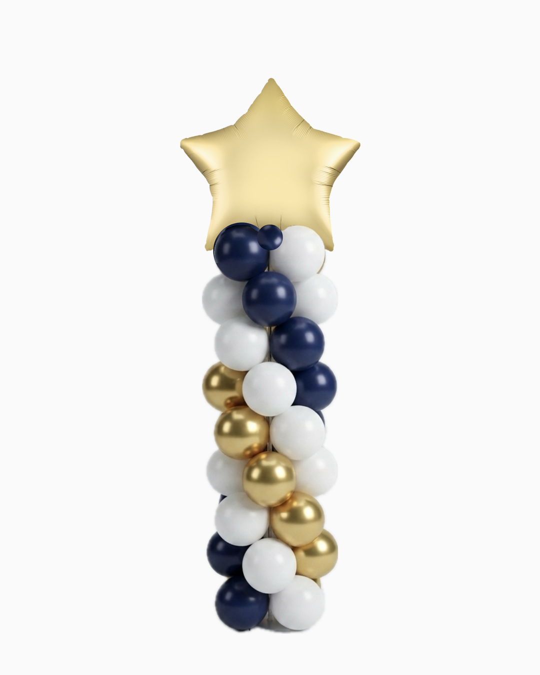 Balloon column with gold, blue, and white balloons and a satin gold star shaped foil balloon topper on a white background 