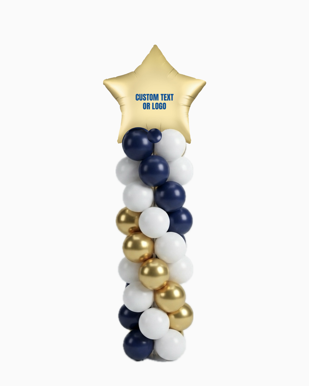 Balloon column with gold, blue, and white balloons and a satin gold star shaped foil balloon topper with the text "custom text of logo" written on the star balllon, on a white background 