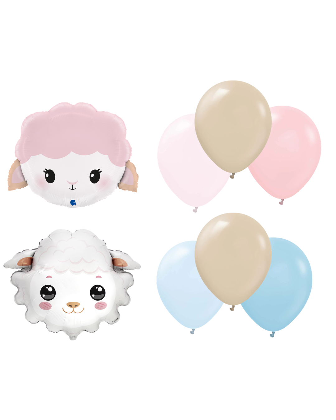 colour palettes 1. girl sheep  balloon with pink and nude latex balloons 2. boy sheep balloon with blue and nude latex balloons