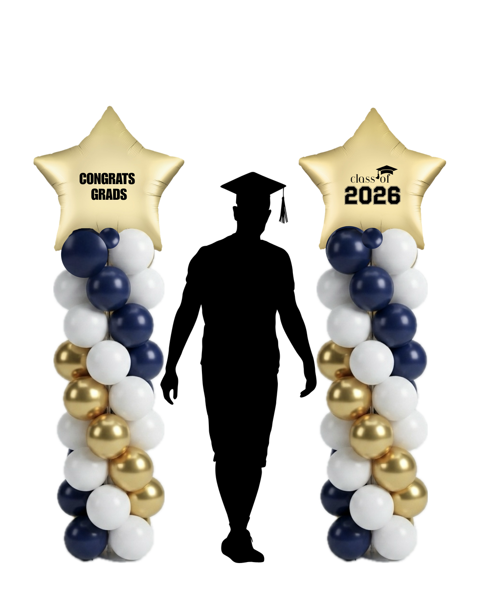 Graduation-themed balloon columns with 'Congrats Grads' and 'Class of 2026' star balloons, with a silhouette of a graduate in the centre.