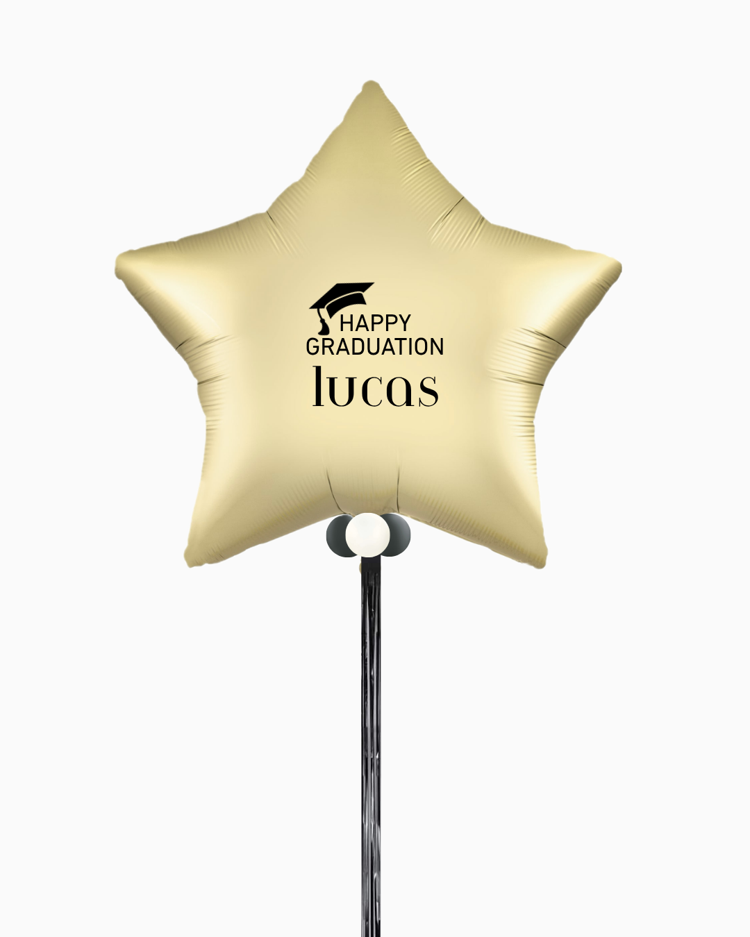 Gold star-shaped balloon with 'Happy Graduation Lucas' text on a white background