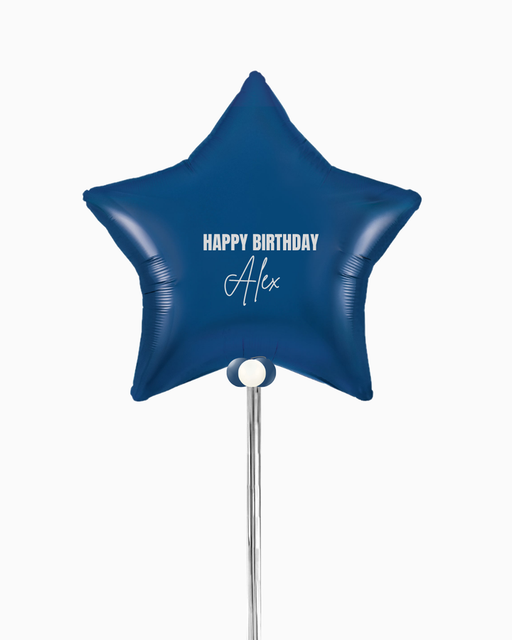 Navy blue star-shaped balloon with custom text on a white background