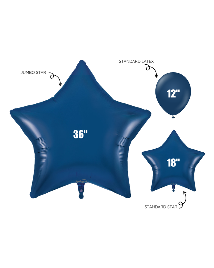 graphic showing size difference between 36" jumbo star, 18" standard star and regular 12""latex balloon