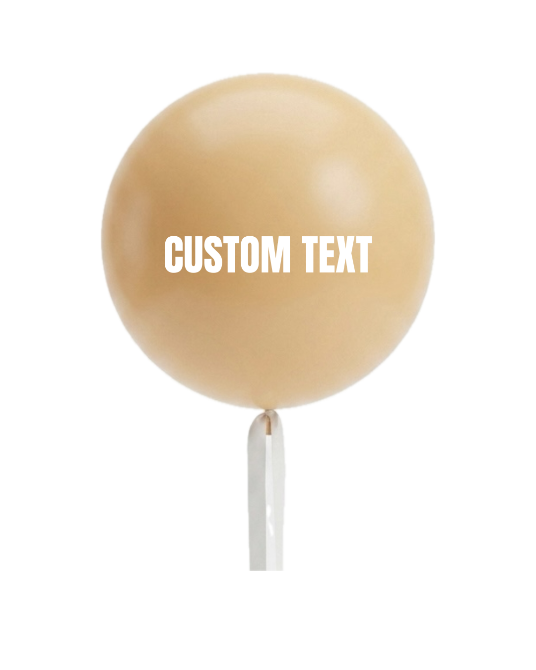 Jumbo balloon with custom text, and a white satin ribbon on white background