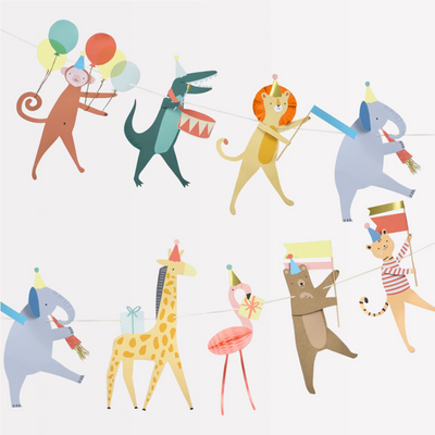 paper garland for Animal Parade Party, set of 9 animals including monkey, crocodile, lion, elephant, giraffe, flamingo, bear and tiger with party hats and balloons