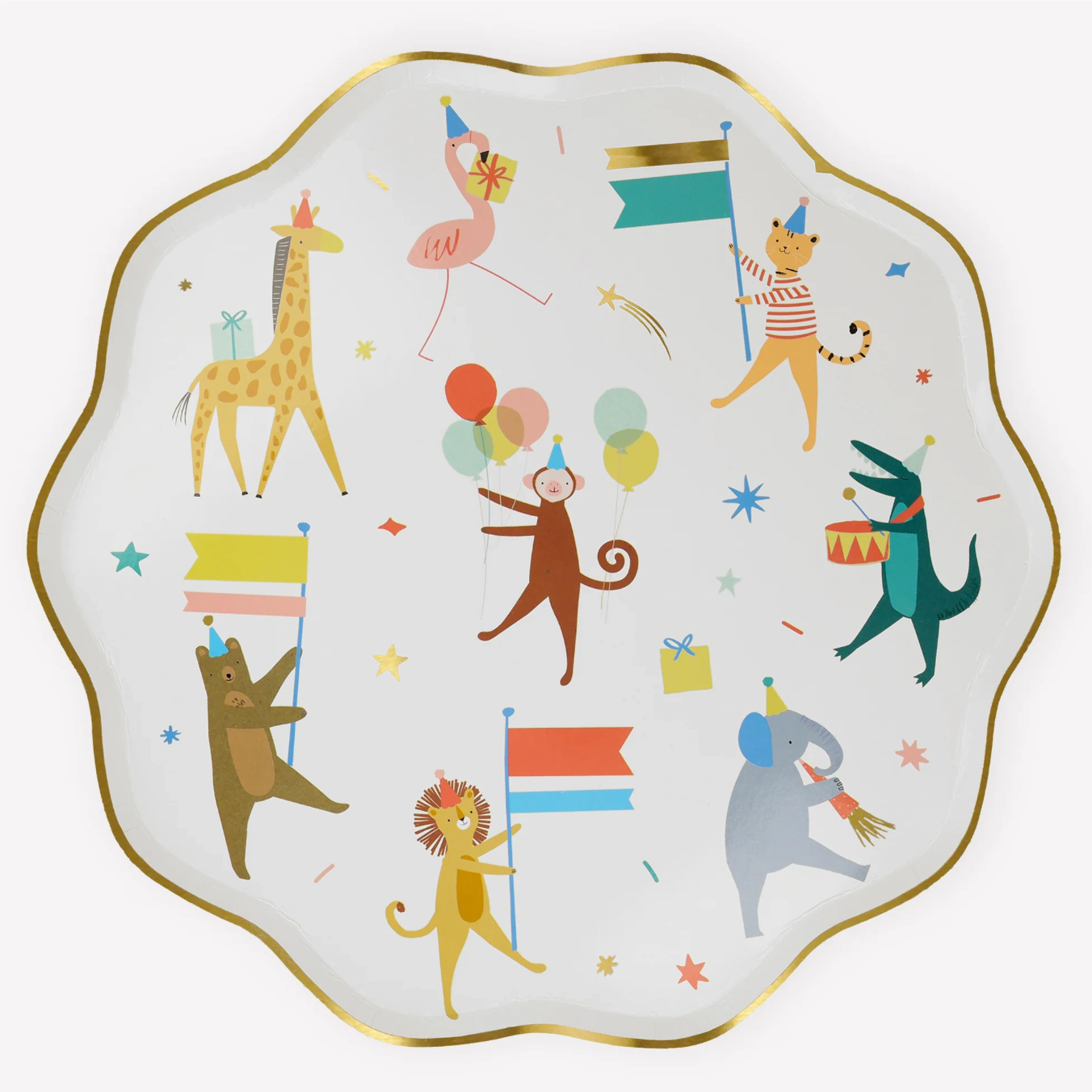 round paper plates with animals wearing party hats and holding flags and balloons for Animal Parade Party