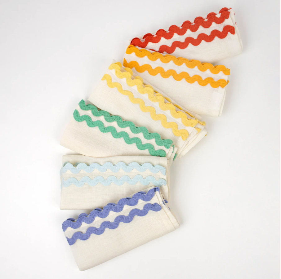 Ivory linen Ric rac dinner napkins in 6 colors - orange red, mint, pale yellow, yellow, dusty blue and dusty green 