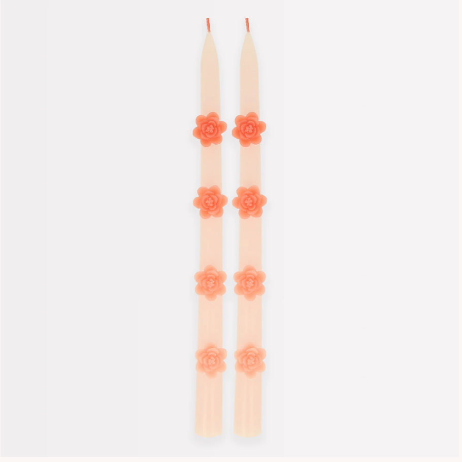blush pink taper candles 11" high with pink wax flowers embossed, set of two candles