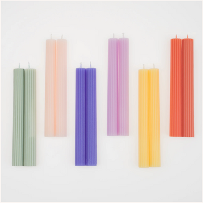 ribbed 7" high table candles, Each set has 2 x 6 colors - coral, pale pink, pale yellow, sage, lilac and cornflower blue